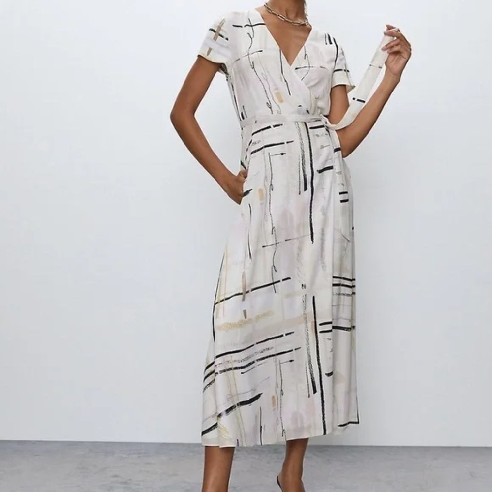 Ivory Abstract Print Wrap Maxi Dress